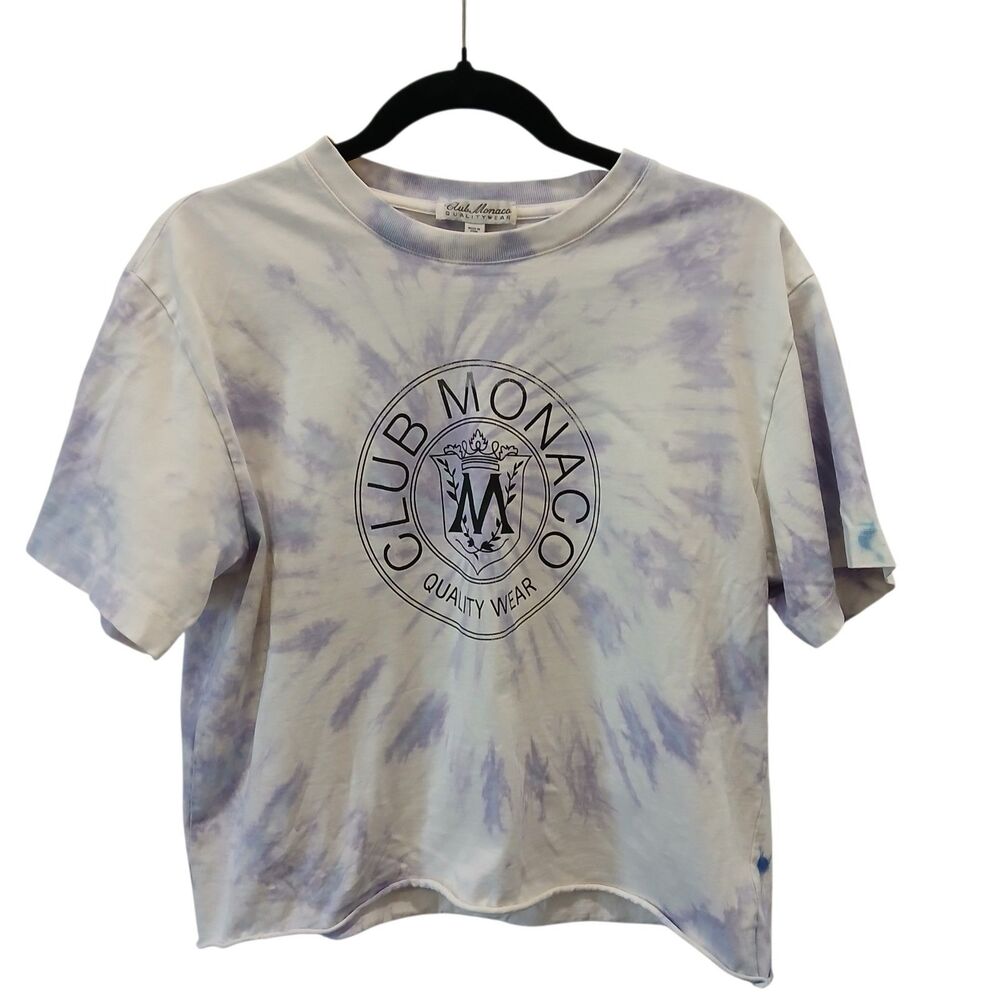 Club Monaco Heritage Crest Tie Dye Crop Tee Women's Size Small Purple White